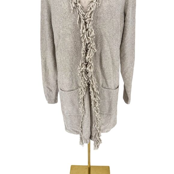 J. Jill Fringe Trim Cardigan Sweater Size Medium TALL Long Pockets Flax Heather - Picture 5 of 15